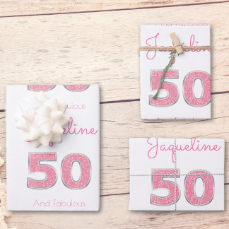 50th Birthday 50 And Fabulous Girly Pink Glitter Wrapping Paper Sheet