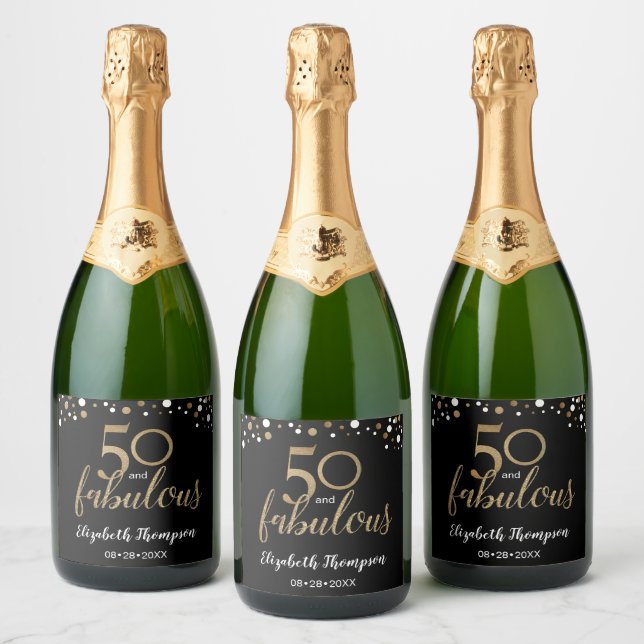 50th birthday 50 and fabulous Gold Black confetti Sparkling Wine Label (Bottles)
