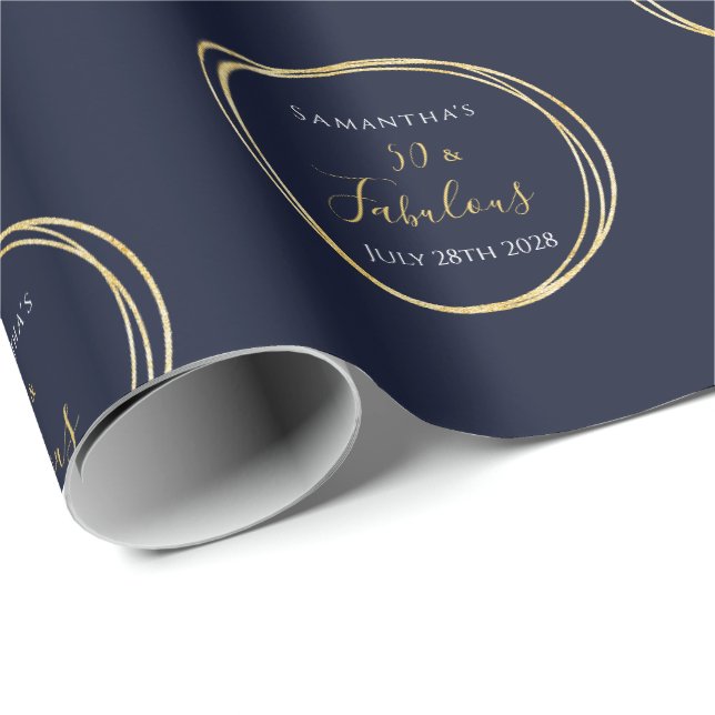 50th Birthday 50 and Fabulous Navy Gold Birthday Wrapping Paper (Roll Corner)