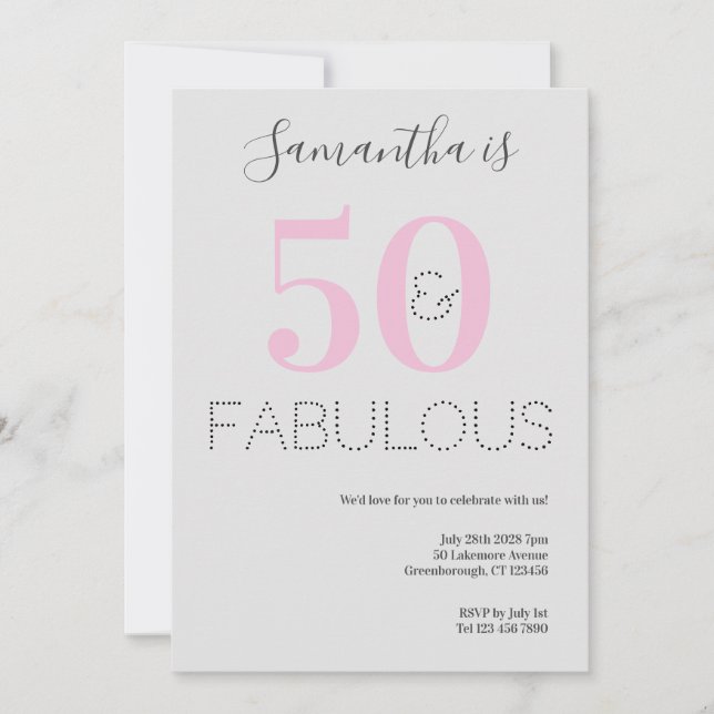 50th Birthday 50 and Fabulous Pink Grey Party Invitation (Front)