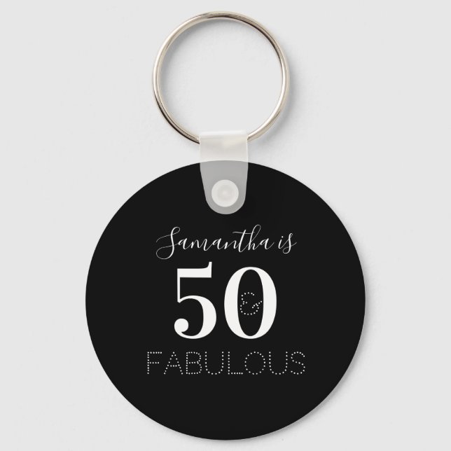 50th Birthday 50 Fabulous Black White Party Favour Keychain (Front)