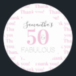 50th Birthday 50 fabulous Modern Pink Thank You Classic Round Sticker<br><div class="desc">This is a personalized modern, 50 and fabulous birthday thank you sticker design. It is in pink, black and grey typography and the message "Samantha's 50 and Fabulous" and "Thank you" as a repeat pattern as the background. Perfect for a stylish and chic 50th birthday party celebration and ideal for...</div>