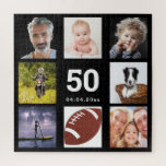 50th birthday 50 photo collage guy man black jigsaw puzzle<br><div class="desc">A gift for a man's 50th birthday, celebrating his life with a collage of 8 of your photos. Templates for age 50 and a date. Date of birth or the date of the anniversary. White colored letters. Black background.</div>