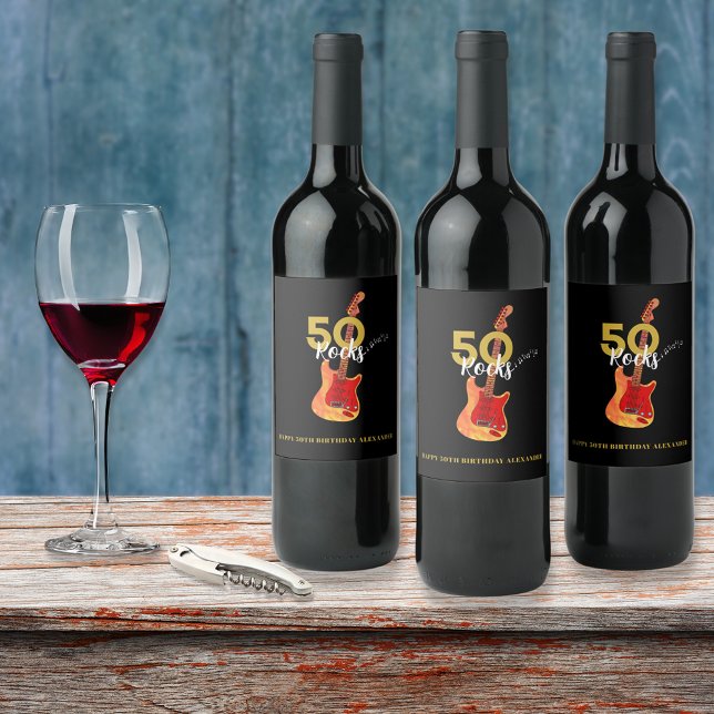 50th Birthday 50 Rocks Guitar Personalized  Wine Label (50 Rocks cool guitar 50th birthday party wine labels gold and black personalized )