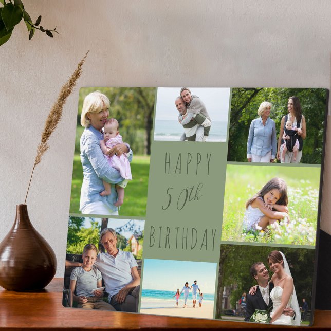 50th Birthday 7 Photo Collage Sage Green Plaque (Creator Uploaded)