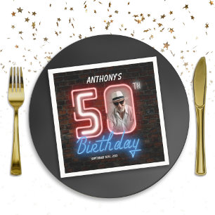50th Birthday 80s Retro Neon Sign Party Photo Napkin