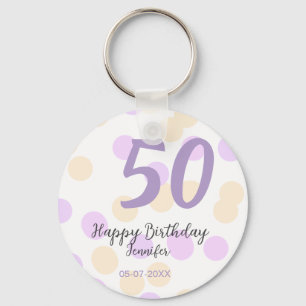 50th birthday add name date purple orange polkadot keychain