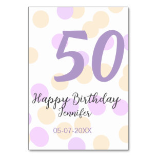 50th birthday add name date purple orange polkadot table number