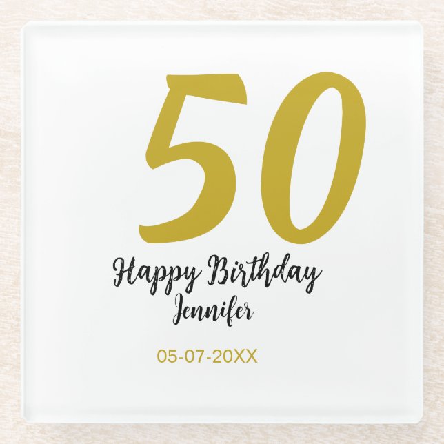 50th birthday add name date year black template go glass coaster (Front)