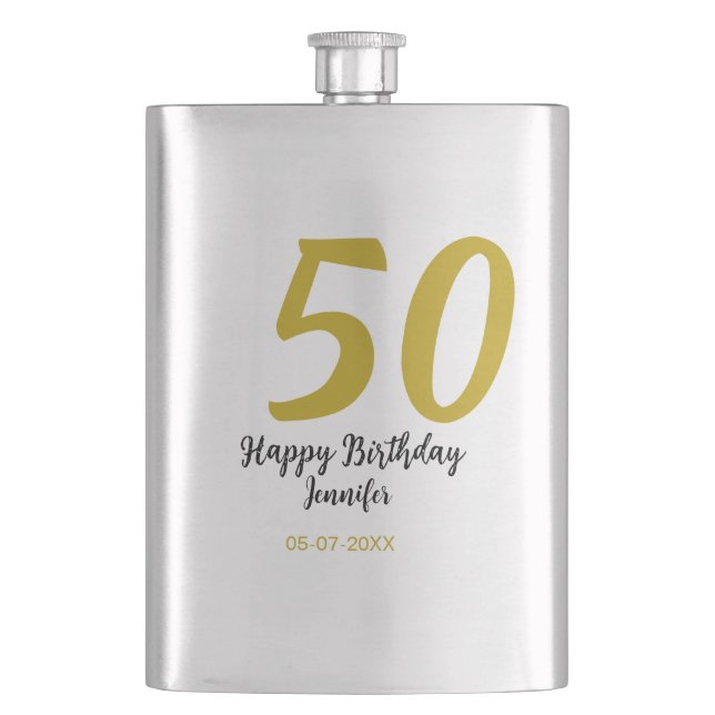 50th birthday add name date year black template go hip flask (Front)