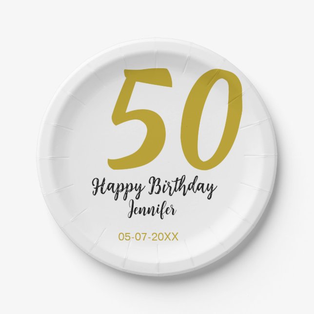 50th birthday add name date year black template go paper plate (Front)