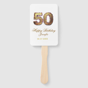 50th birthday add name date year gold floral bold  hand fan