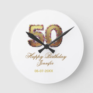 50th birthday add name date year gold floral bold round clock