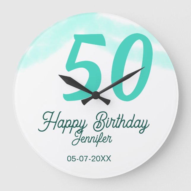 50th birthday add name date year green pastel bold large clock (Front)