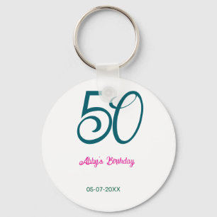 50th birthday add name year turquoise pink bold keychain
