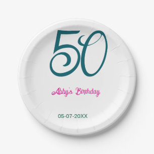 50th birthday add name year turquoise pink bold paper plate