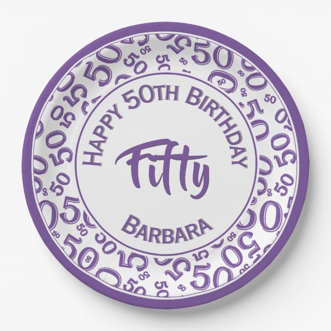 50th Birthday Age Number Pattern Purple/White 50 Paper Plate (Front)