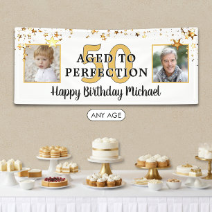 50th Birthday AGED TO PERFECTION Black Gold Stars Banner