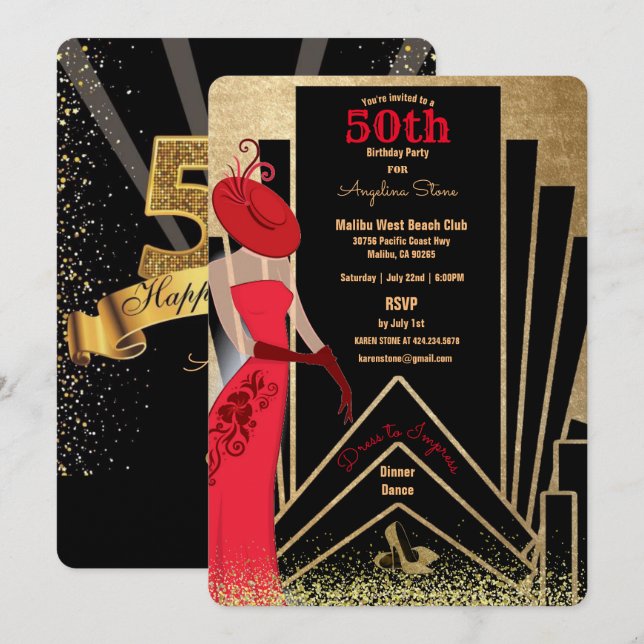 50th Birthday Art Deco Design 1920's Lady in Red I Invitation (Front/Back)