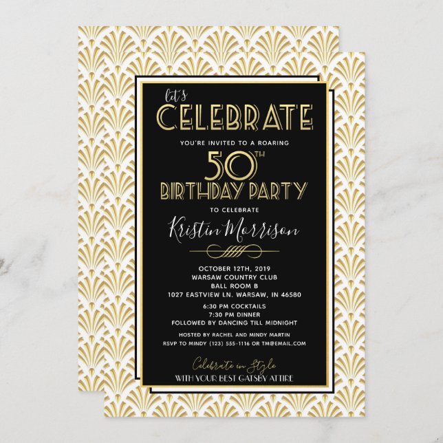 50th Birthday Art Deco Gatsby Roaring 20s Birthday Invitation (Front/Back)