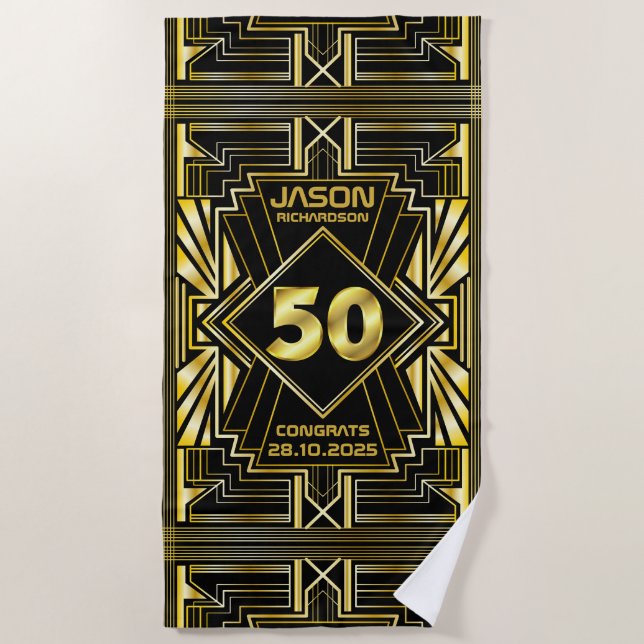 50th Birthday Art Deco Gold Black Great Gatsby Beach Towel (Front)