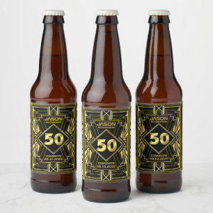 50th Birthday Art Deco Gold Black Great Gatsby Beer Bottle Label