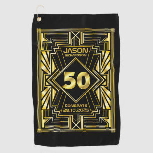 50th Birthday Art Deco Gold Black Great Gatsby Golf Towel