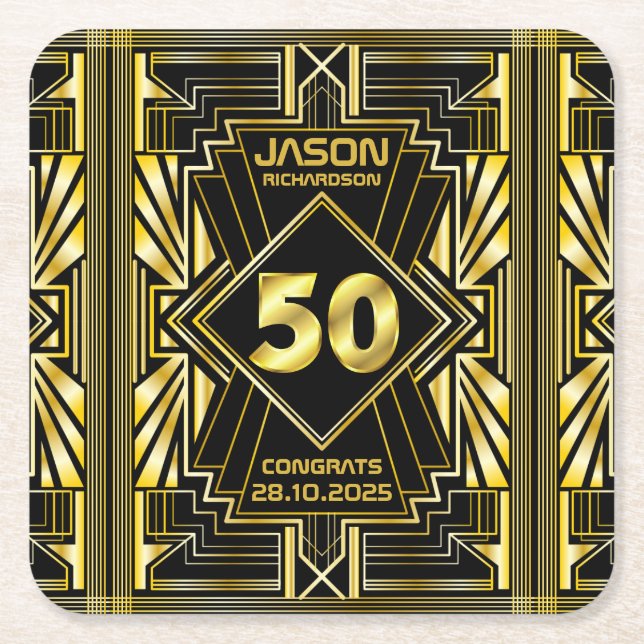 50th Birthday Art Deco Gold Black Great Gatsby Square Paper Coaster (Front)