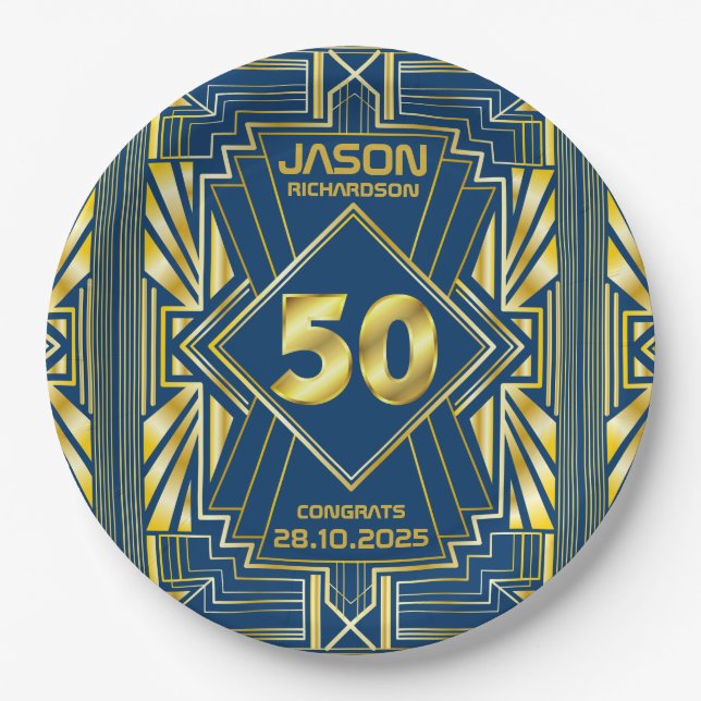 50th Birthday Art Deco Gold Blue Great Gatsby Paper Plate (Front)