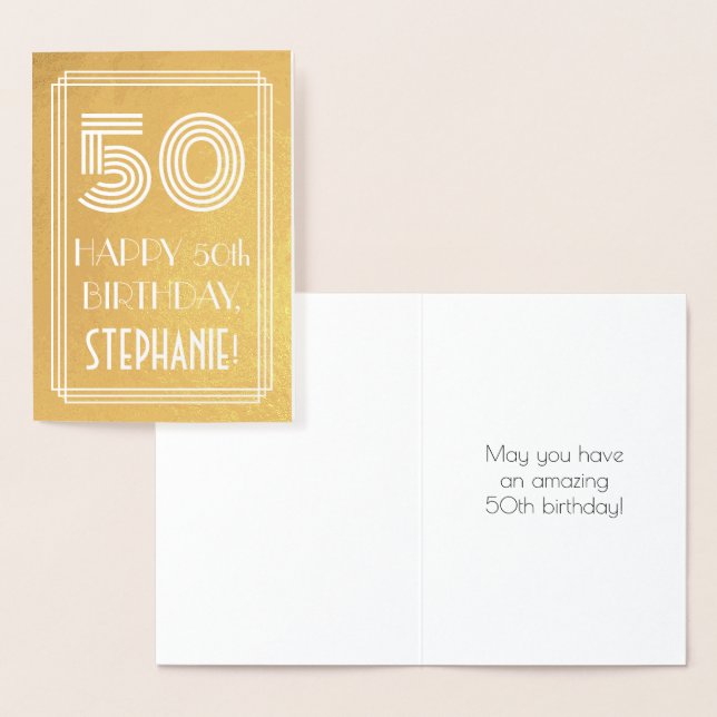 50th Birthday – Art Deco Inspired Look "50" + Name Foil Card (Display)