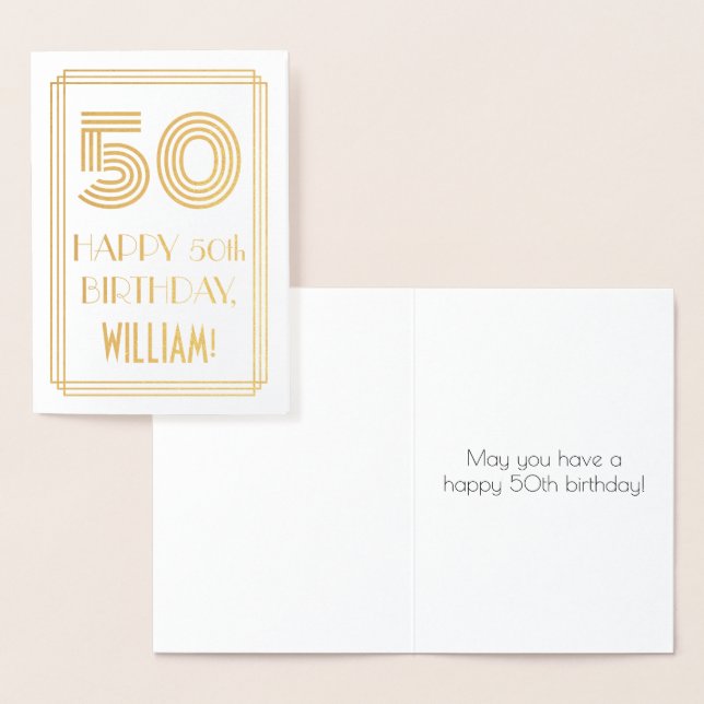 50th Birthday - Art Deco Inspired Look "50" & Name Foil Card (Display)