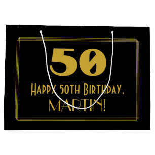 50th Birthday — Art Deco Inspired Look "50" & Name Large Gift Bag