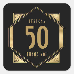 50th Birthday Art Deco Name Thanks Gold Black Square Sticker