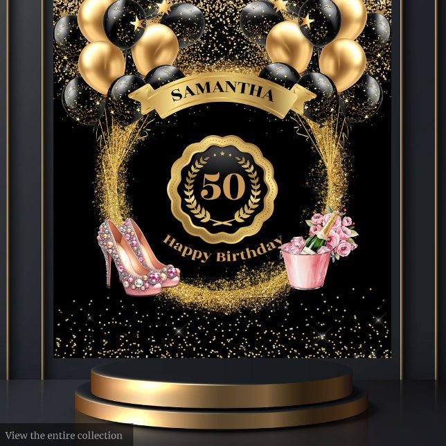 50th Birthday Backdrop Black Balloons Gold Glitter Tapestry (50th Birthday Backdrop Black Balloons Gold Glitter)