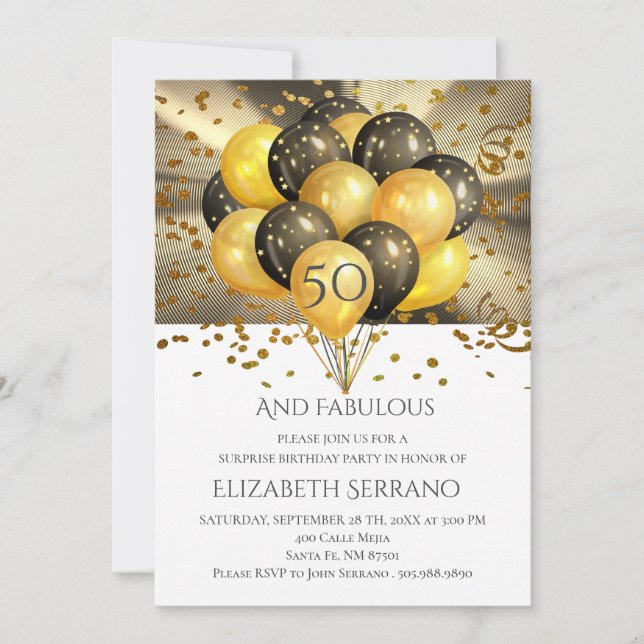 50th Birthday Balloons Glitter | Surprise Birthday Invitation (Front)