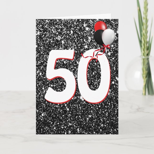 50th Birthday Balloons on Black Glitter  Card (Front)