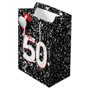 50th Birthday Balloons on Black Glitter Medium Gift Bag