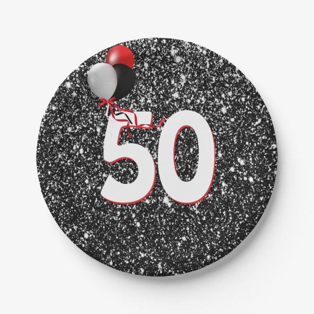 50th Birthday Balloons on Black Glitter Paper Plate (Front)