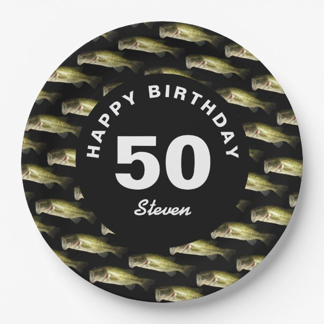 50th Birthday Bass Fishing Personalized Paper Plate (Front)