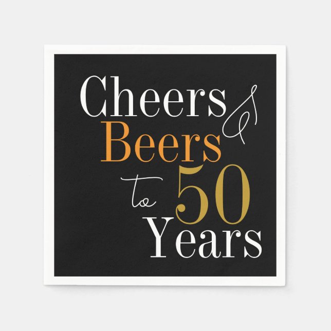 50th Birthday Beers and Cheers Black Gold Party Napkin (Front)