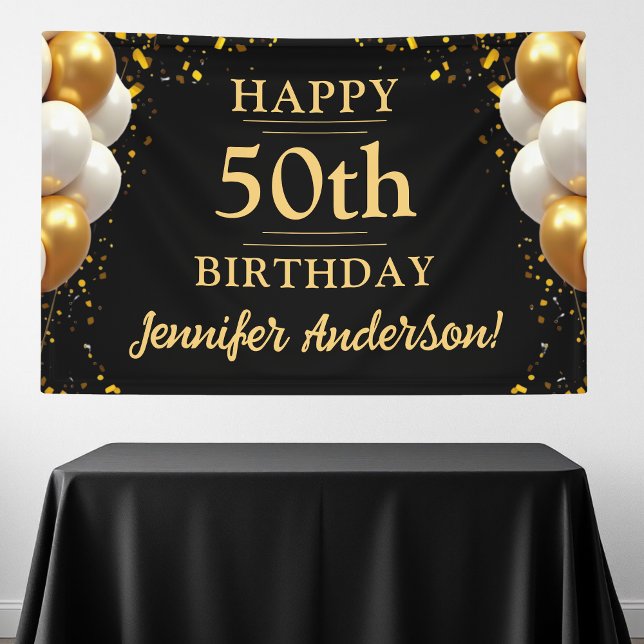 50th Birthday Black and Gold Celebration Banner (Creator Uploaded)
