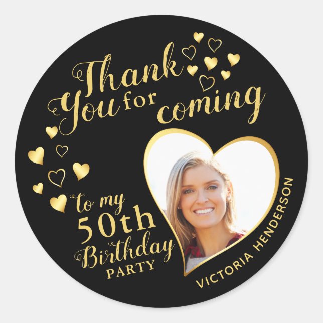 50th Birthday Black and Gold Favour Thank You Classic Round Sticker (Front)