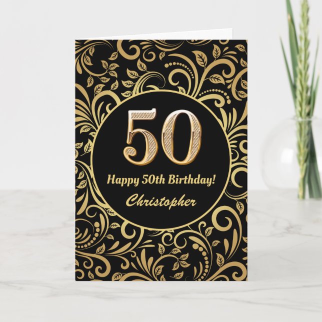 50th Birthday Black and Gold Floral Pattern Card (Front)