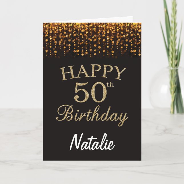50th Birthday Black and Gold Glitter Card (Front)
