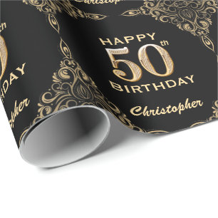 50th Birthday Black and Gold Glitter Frame Wrapping Paper