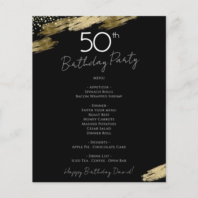50th Birthday Black and Gold Party Menu Flyer (Front)