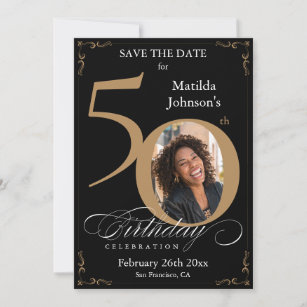 50th Birthday Black and Gold Save The Date Custom Invitation