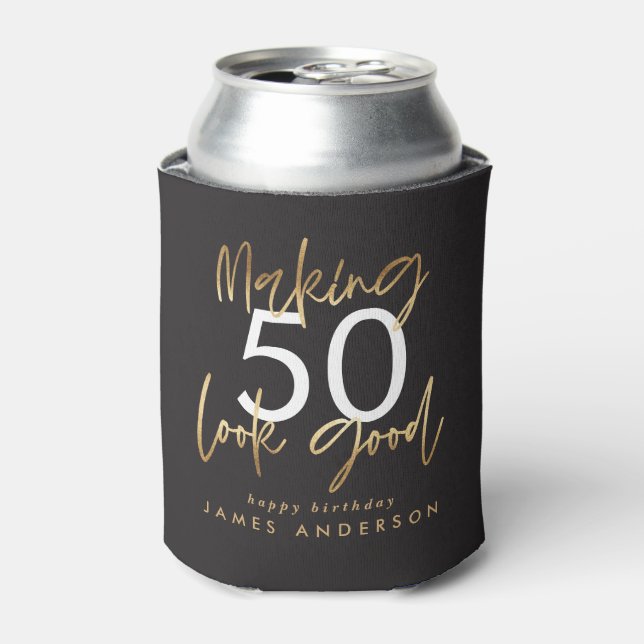 50th Birthday black and gold simple elegant modern Can Cooler (Can Front)