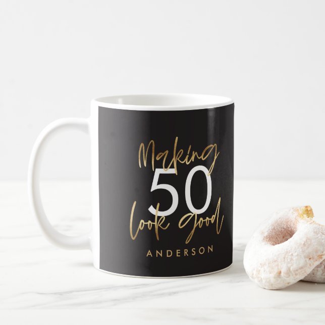 50th Birthday black and gold simple elegant modern Coffee Mug (With Donut)