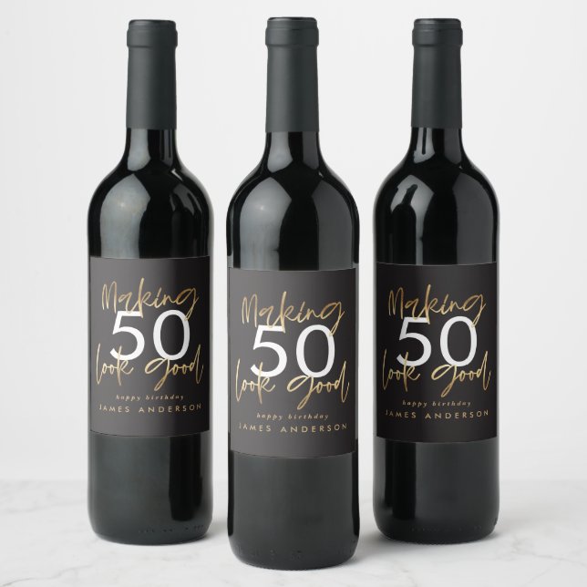 50th Birthday black and gold simple elegant modern Wine Label (Bottles)